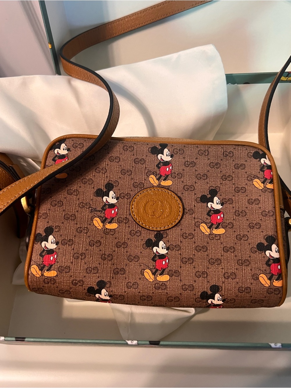 Gucci Brown Canvas Mickey Mouse Crossbody with Tan Trim